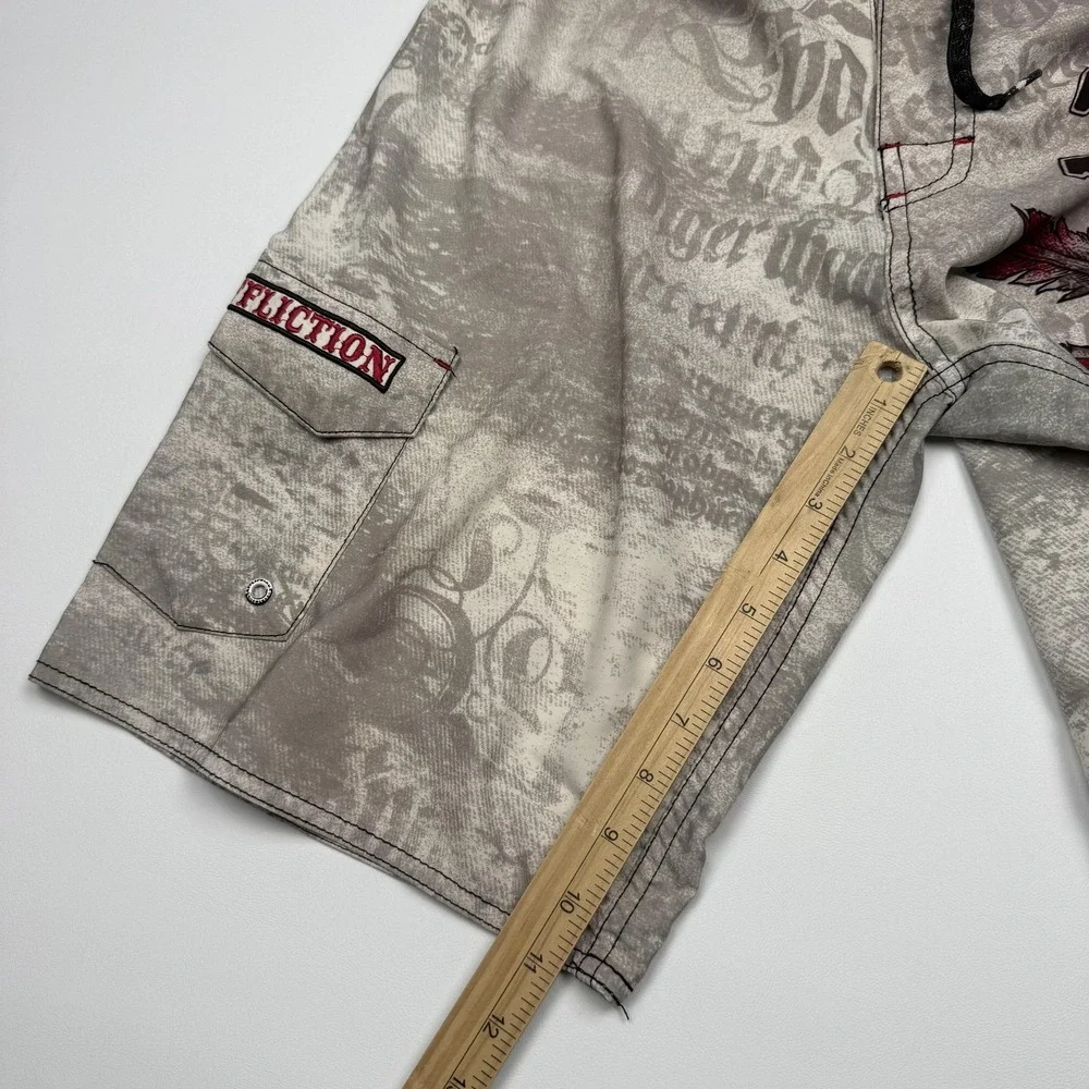 Affliction Board Shorts Mens 30 Gray Skull American Graphic Swim Surf Trunks